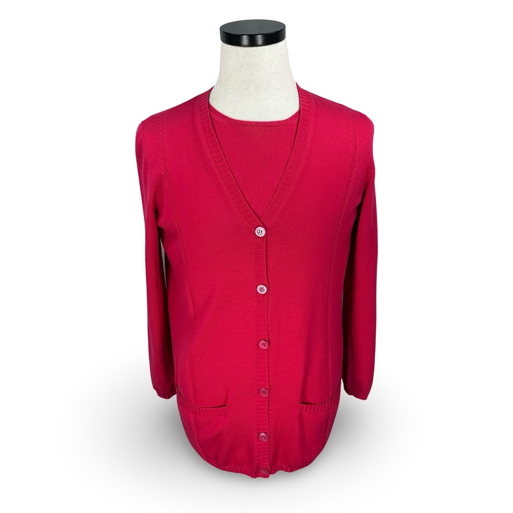 Les Copains 2 Piece Cardigan Sweater Under Knit Top Set Red Wool Women's M 44